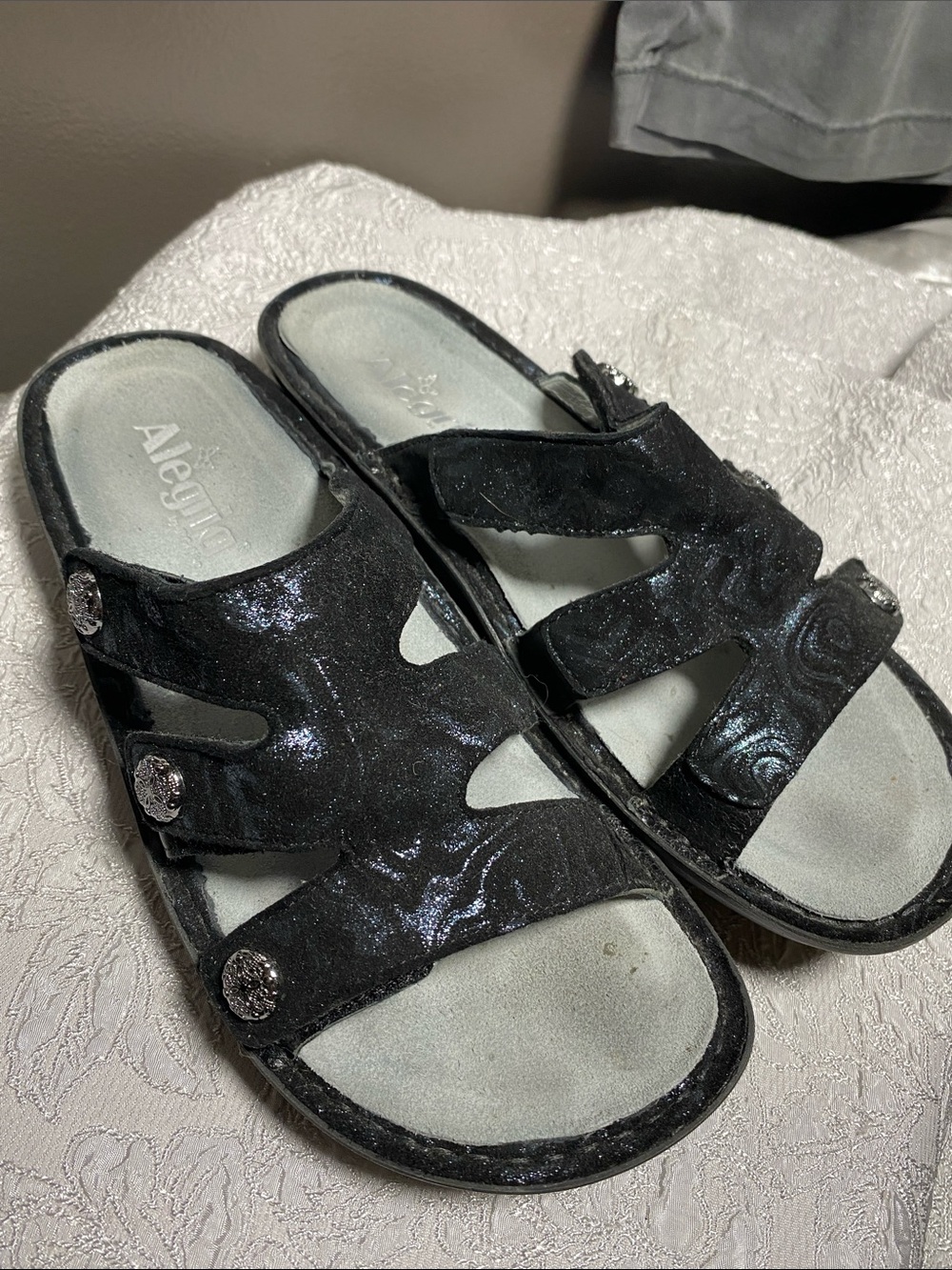 Alegria Black Shimmer Slide 8 Sandals w/Decorative Buttons and Adjustable Straps